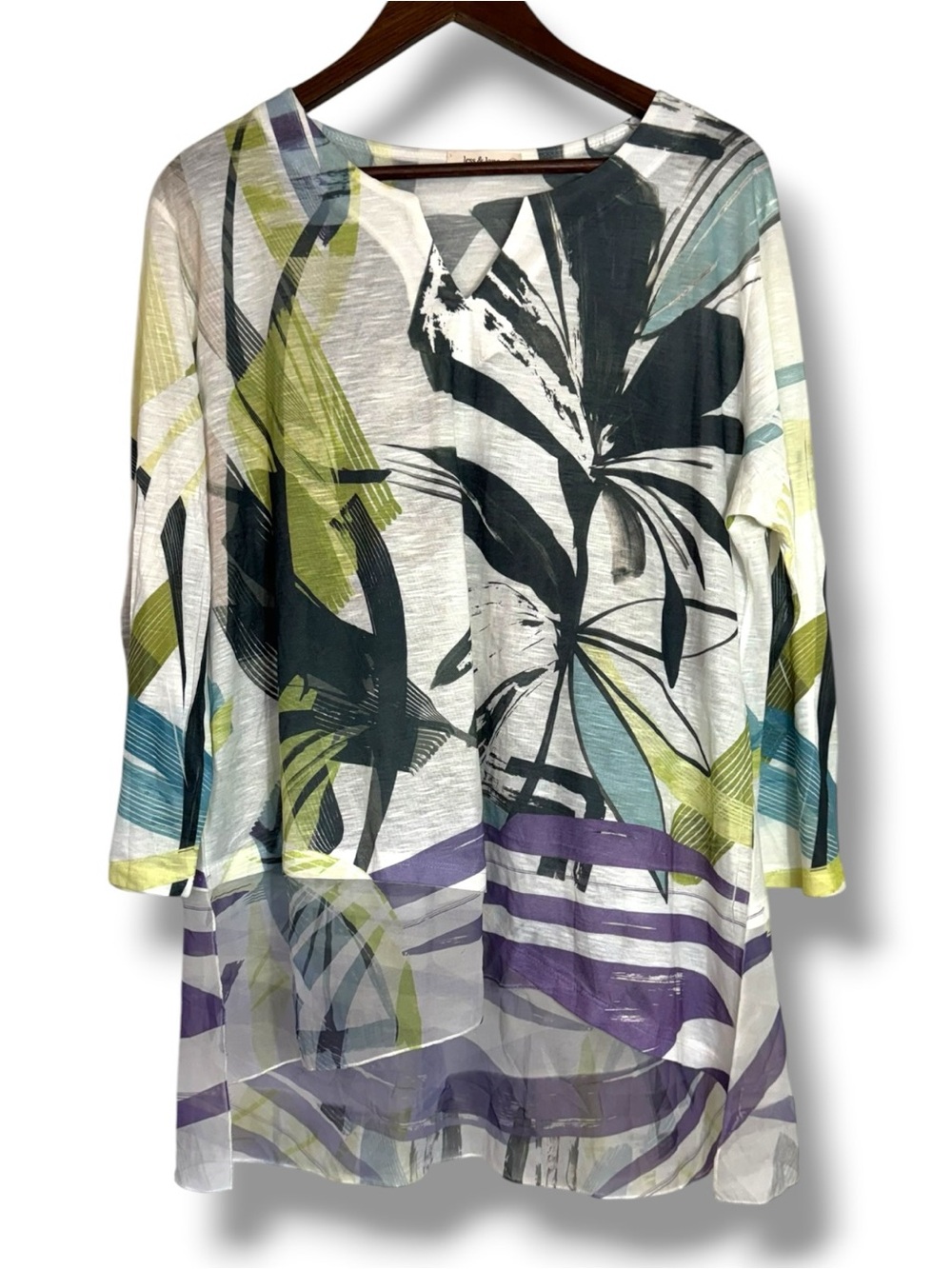 Jess & Jane Mixed Media Semi-Sheer Tropical Tunic Blouse XL Asymmetric Hem